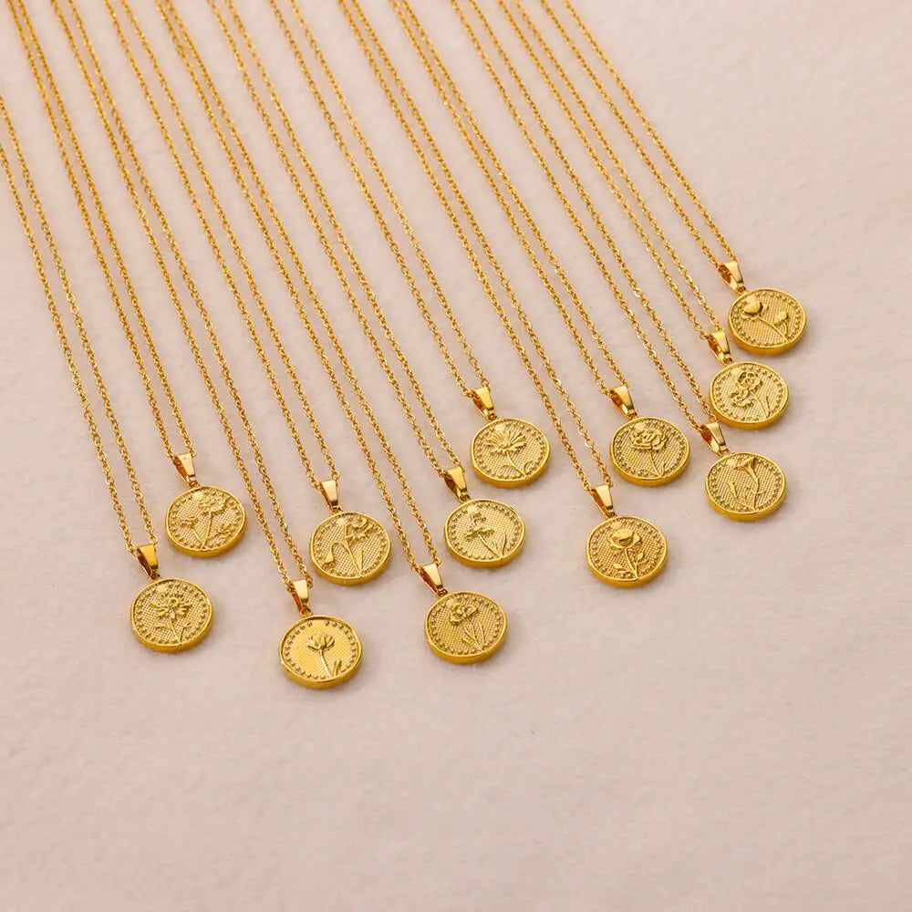 Birth Flower Necklace for Women Gold Color Month Flora Pendant Necklaces 2024 Trend Stainless Steel Jewelry Collar Freeshiping
