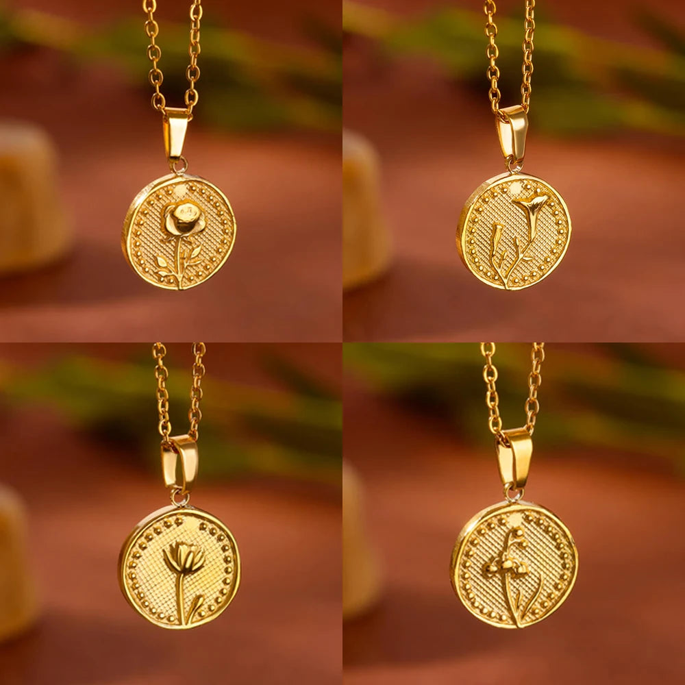 Birth Flower Necklace for Women Gold Color Month Flora Pendant Necklaces 2024 Trend Stainless Steel Jewelry Collar Freeshiping