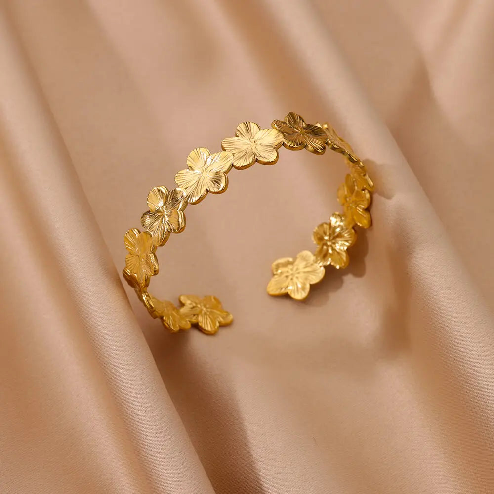Flower Cuff Bracelet Bangle for Women Gold Color Flora Stainless Steel Bangles Casting Aesthetic Couple Wrist Jewelry Pulseras
